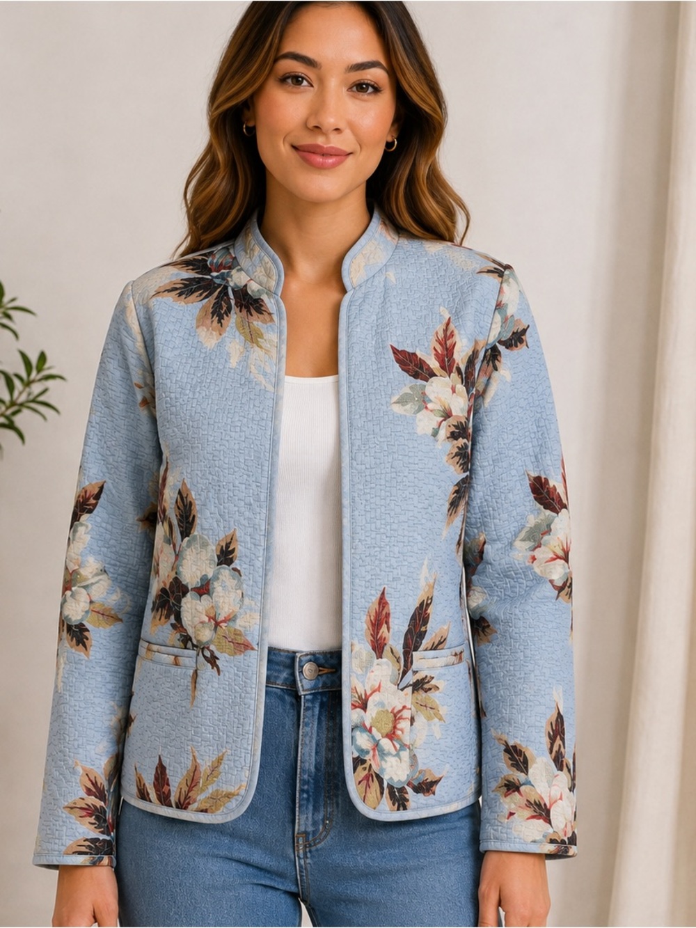 Studio by Liz Claiborne Petite Floral Quilted Jacket Blue Botanical OpenFront